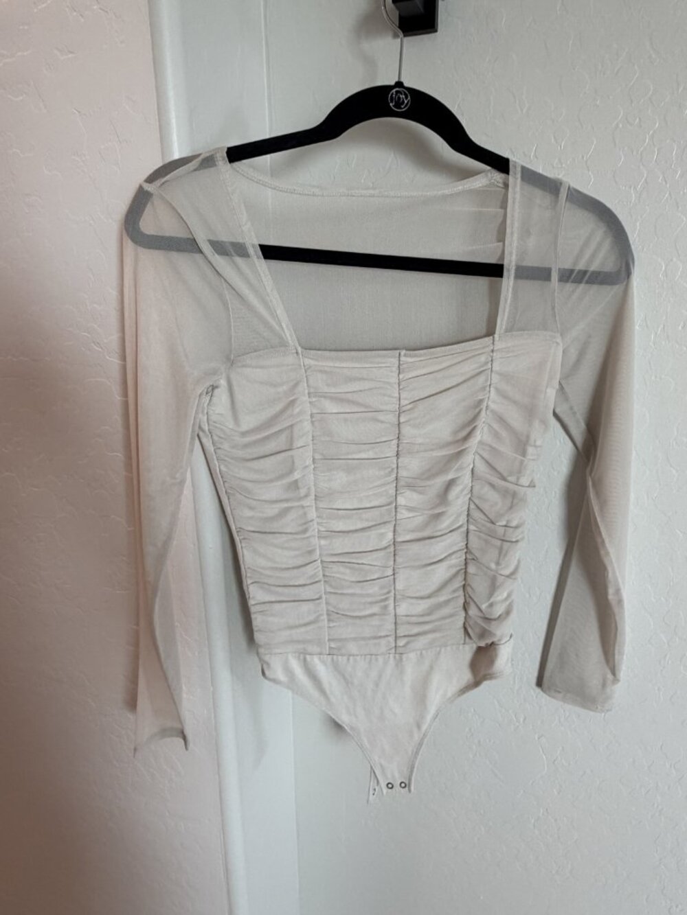 Abercrombie Fitch White Ruched Square Neck Mesh Sleeve Bodysuit S